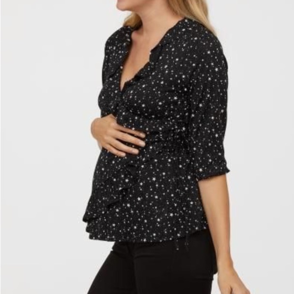 H&M maternity star ruffle top black colour crossover front